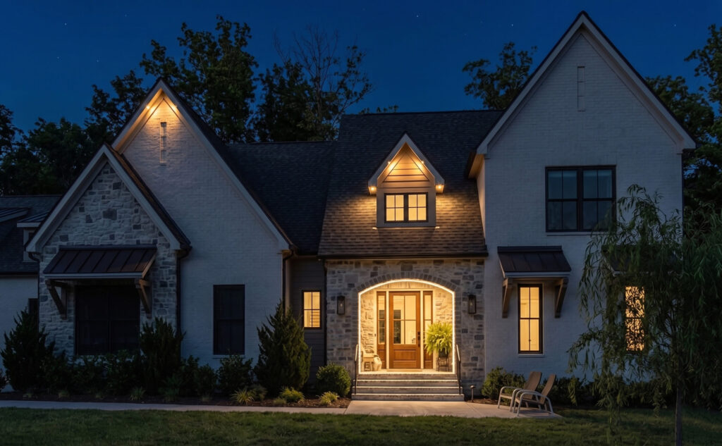 Warm white architectural accent lighting on roofline and columns